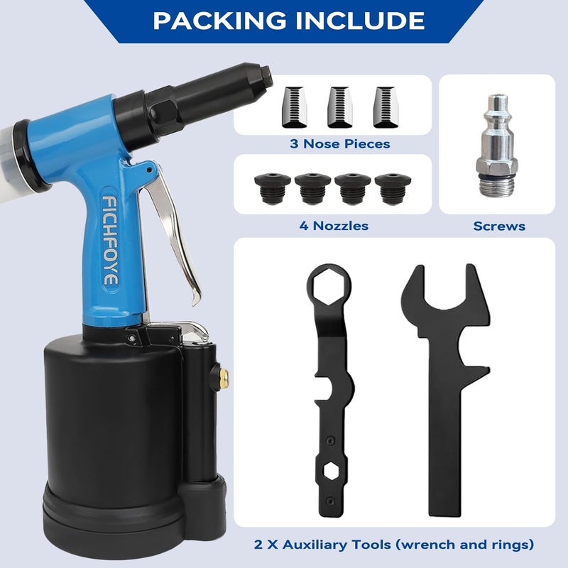 FICHFOYE Store Heavy Duty Pneumatic Rivet Gun, 4000LBF Air Rivet Gun Set- 3/32", 1/8", 5/32", 3/16", 1/4" Riveter with NPT 1/4 inch for Automotive, Construction, Manufacturing Industries - Image 2
